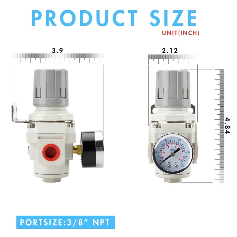 EBEIZZI 3/8" NPT Air Pressure Regulator | Air Regulator for Compressor|Air Compressor Regulator |Air Drying System |150 psi Steel-Protected Gauge - Image 2